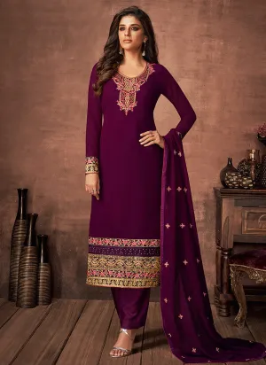 Wine Multi Embroidered Pant Style Suit