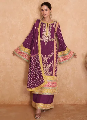 Wine Multi Embroidered Wedding Palazzo Suit