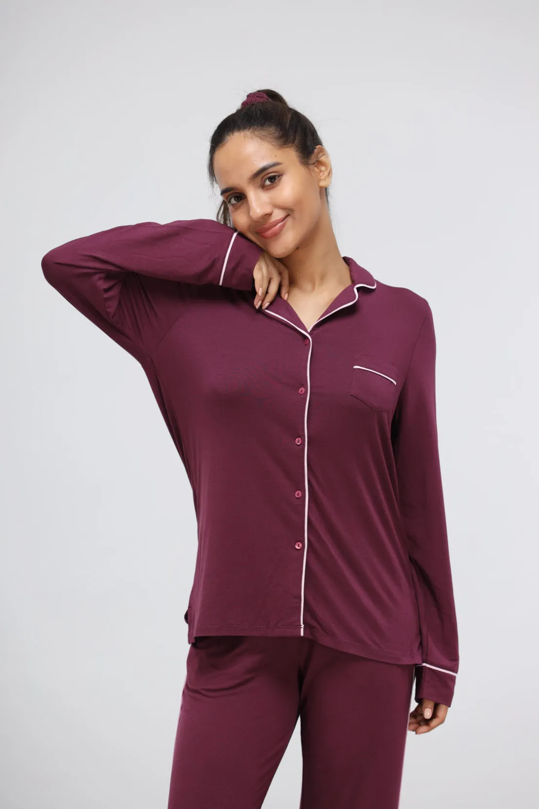 Wine Piping Full Sleeve Piping Modal Pajama Set