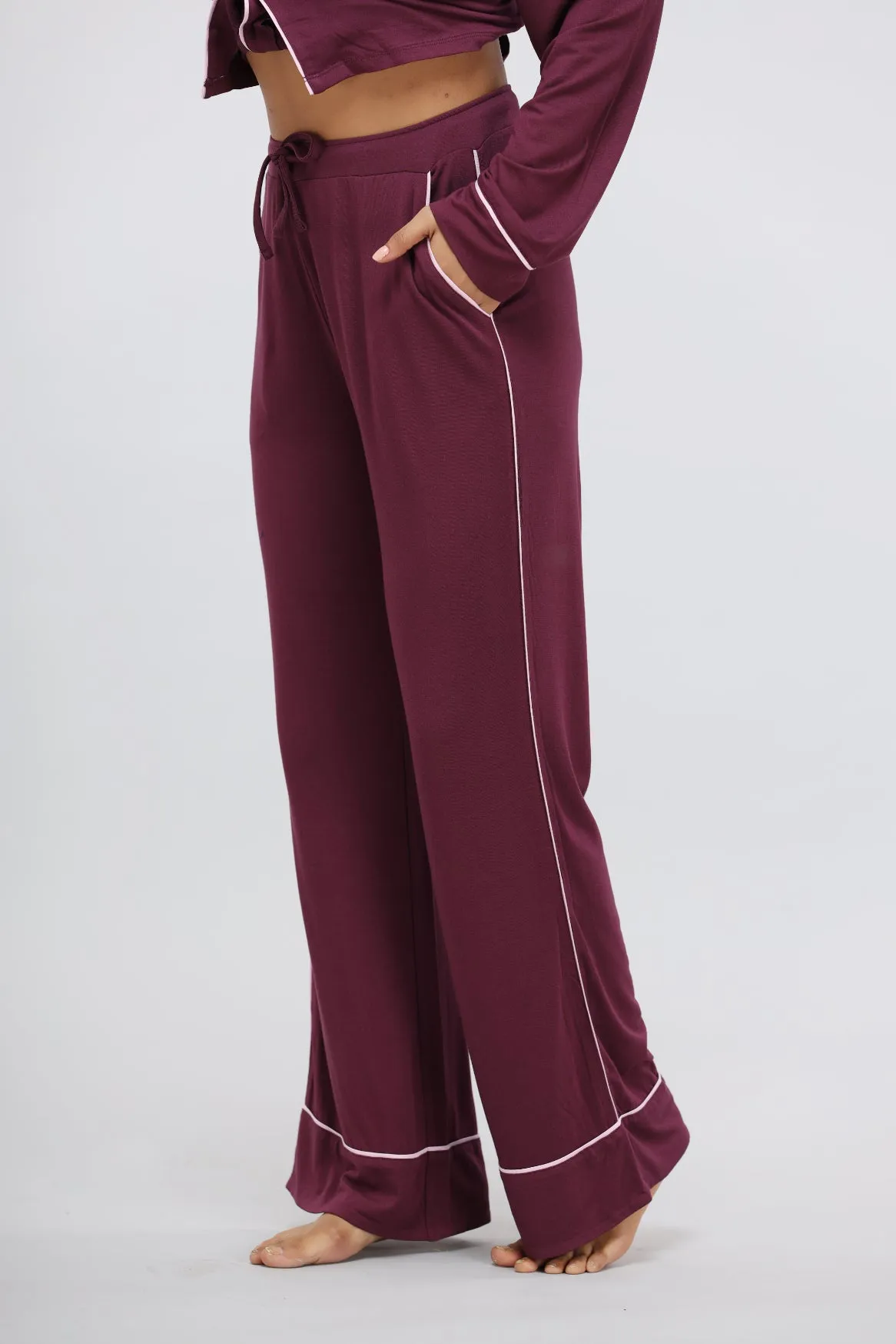 Wine Piping Full Sleeve Piping Modal Pajama Set