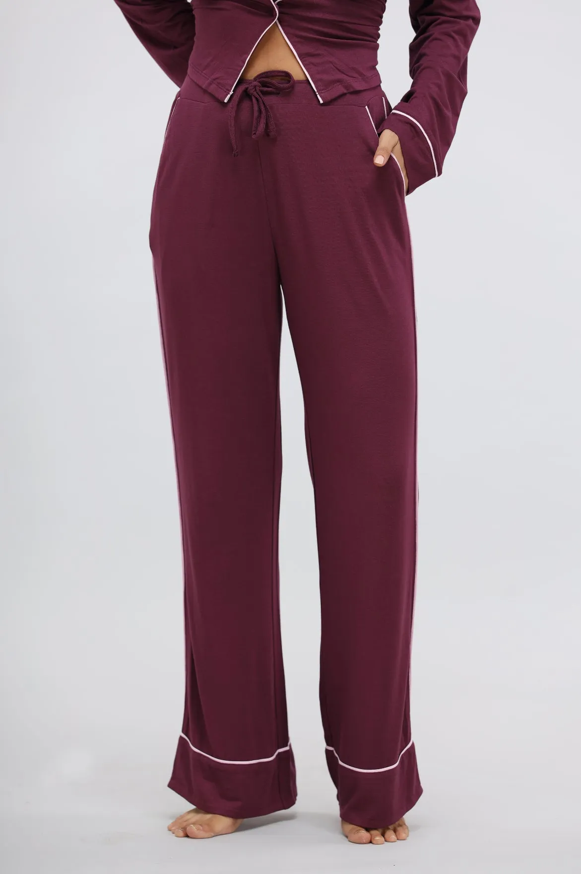 Wine Piping Full Sleeve Piping Modal Pajama Set