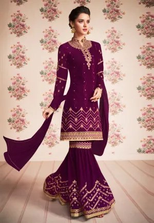 Wine Purple Embroidered Gharara Suit