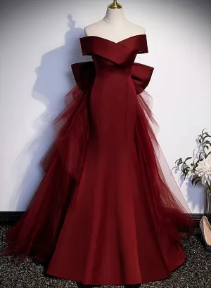 Wine Red Mermaid Long Prom Dress, Off the Shoulder V-Neck Wedding Party Dress