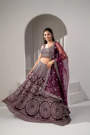 Wine Red Organza Net Sequins, Zari And Thread Embroidered Lehenga Set