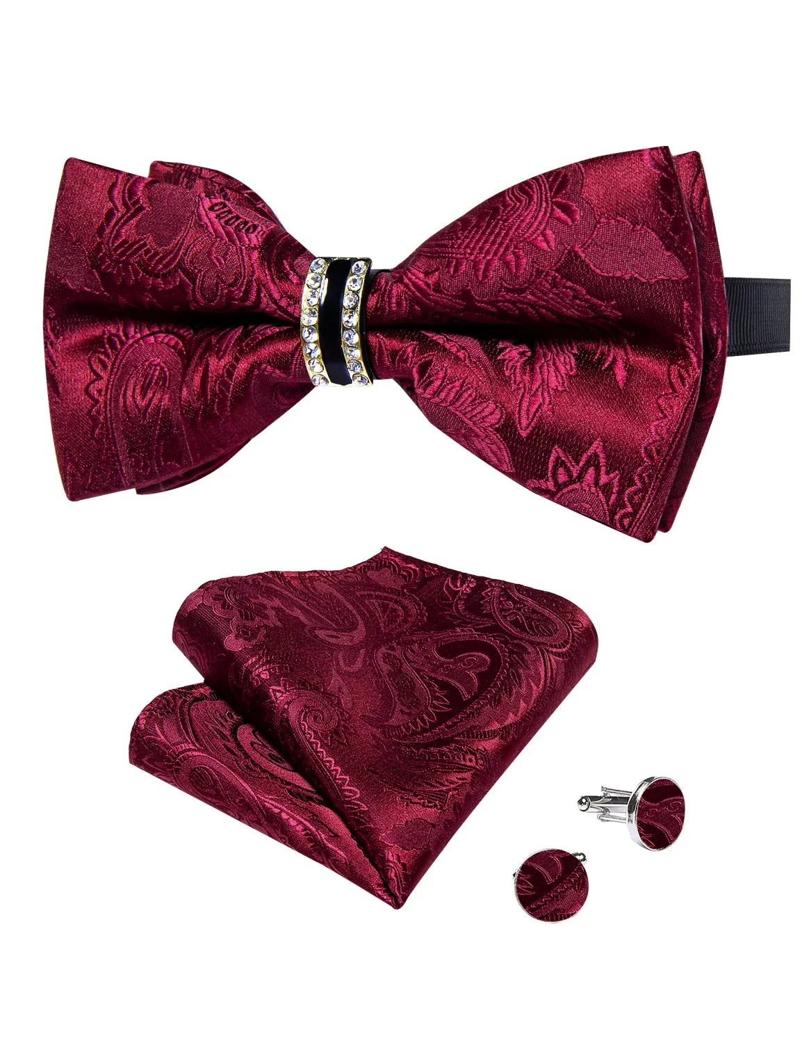 Wine Red Paisley Silk Luxury Pre-tied Ring Bow Tie Hanky Cufflinks Set