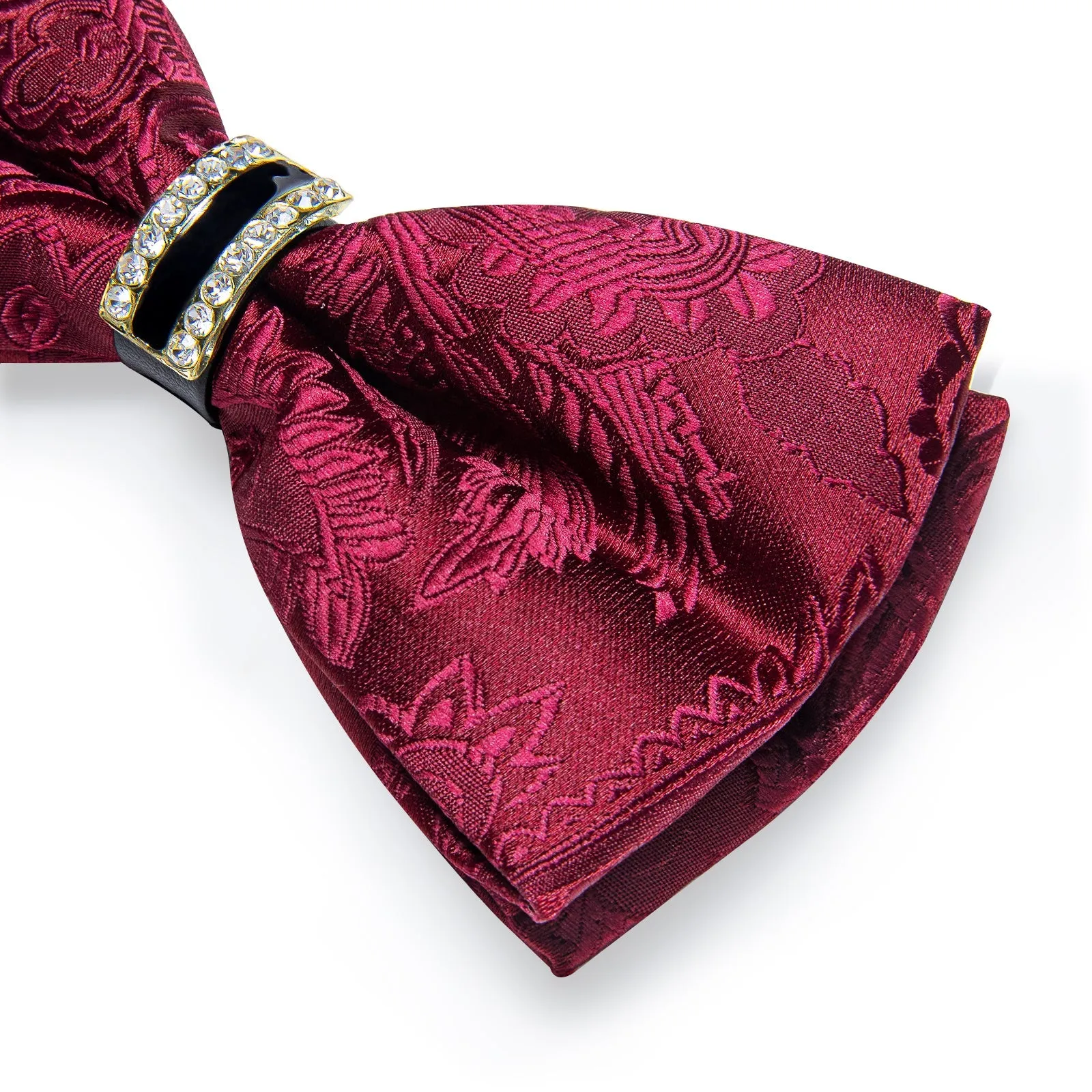 Wine Red Paisley Silk Luxury Pre-tied Ring Bow Tie Hanky Cufflinks Set