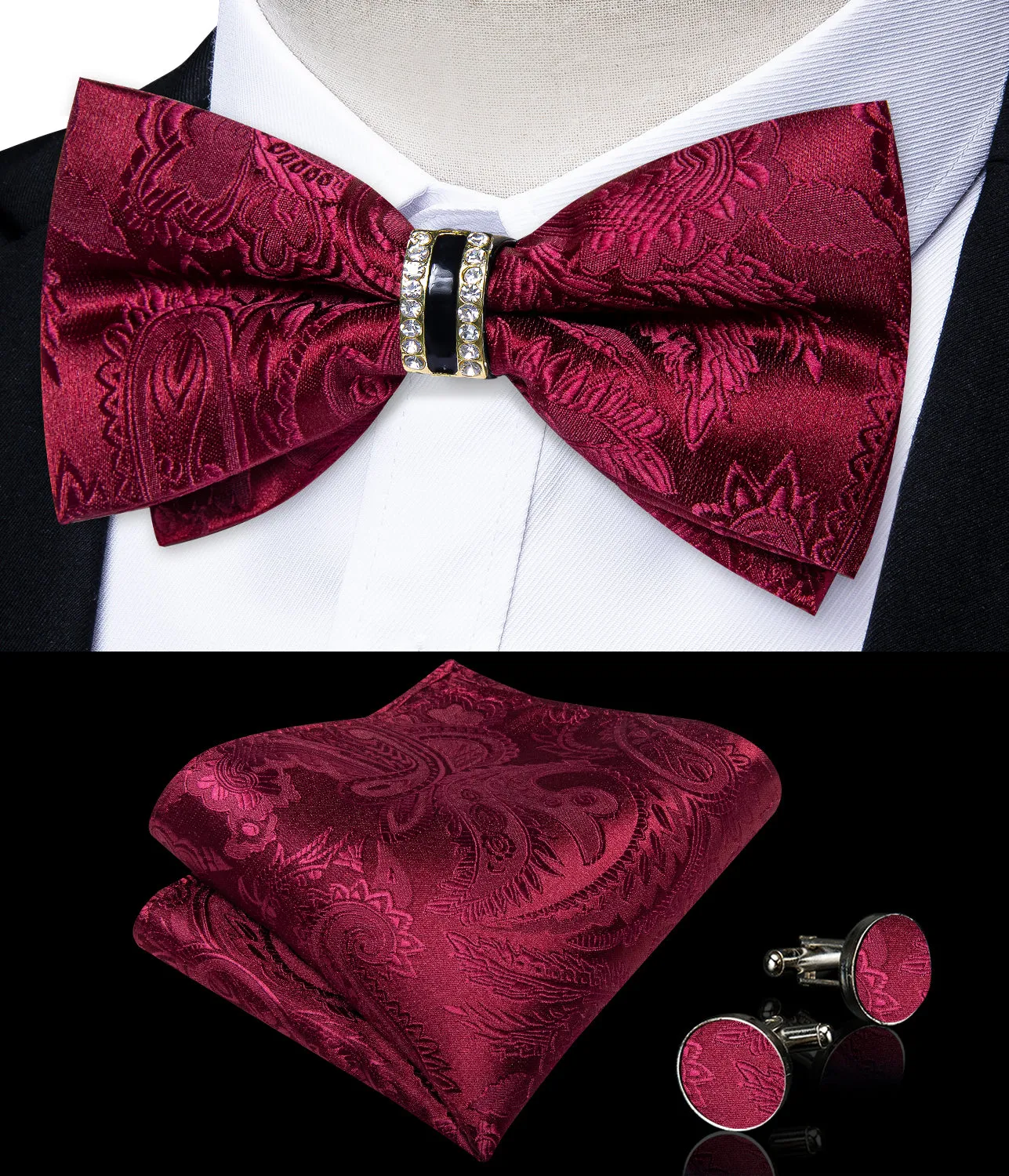 Wine Red Paisley Silk Luxury Pre-tied Ring Bow Tie Hanky Cufflinks Set