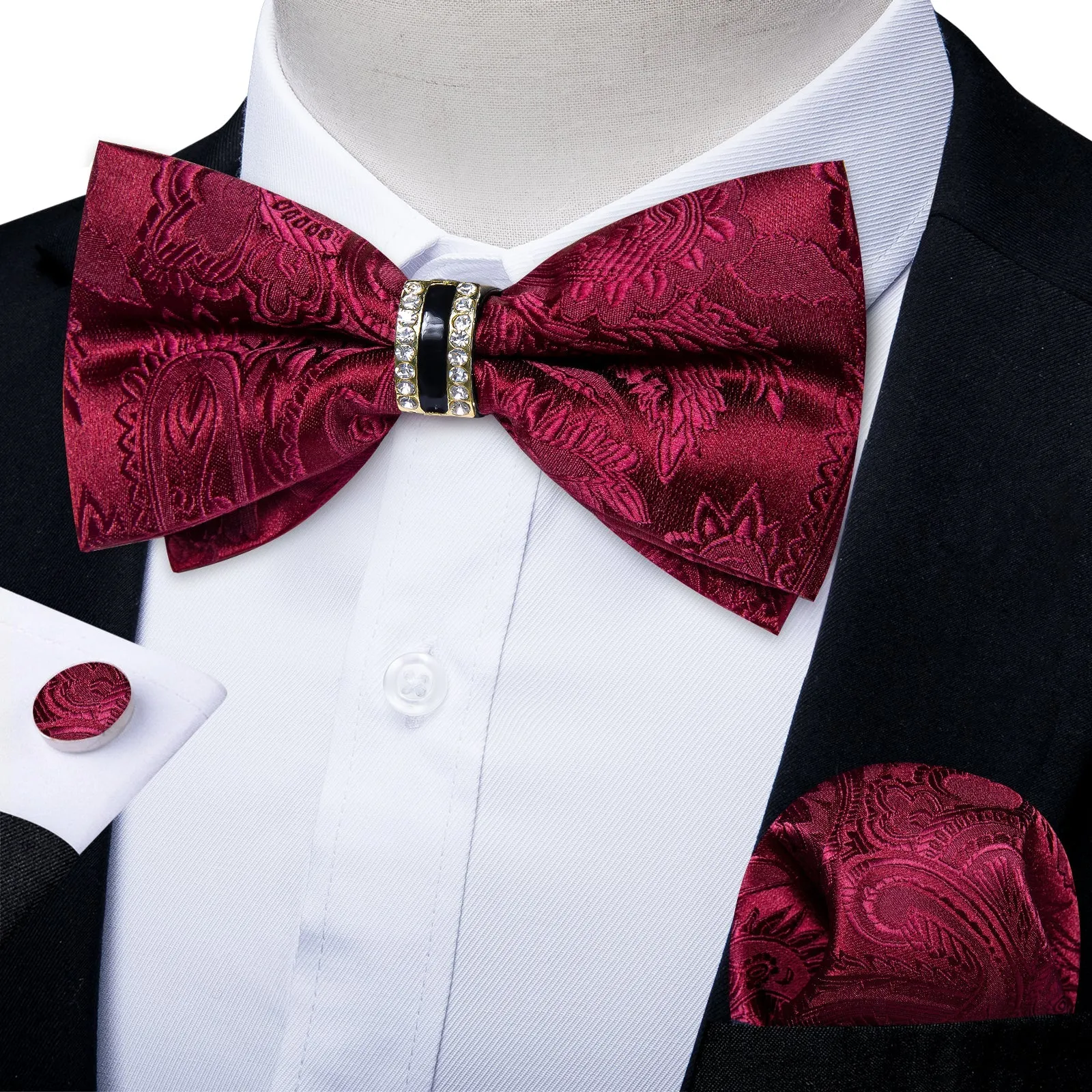 Wine Red Paisley Silk Luxury Pre-tied Ring Bow Tie Hanky Cufflinks Set