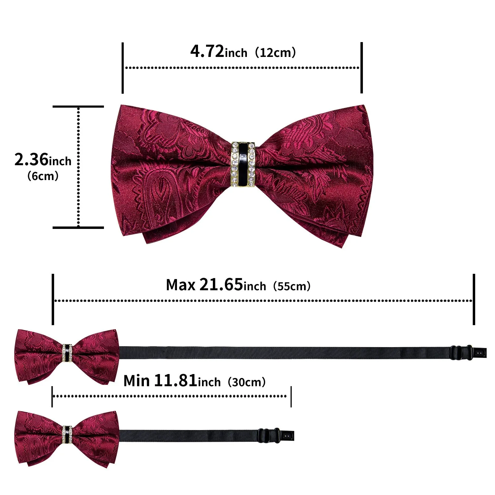 Wine Red Paisley Silk Luxury Pre-tied Ring Bow Tie Hanky Cufflinks Set