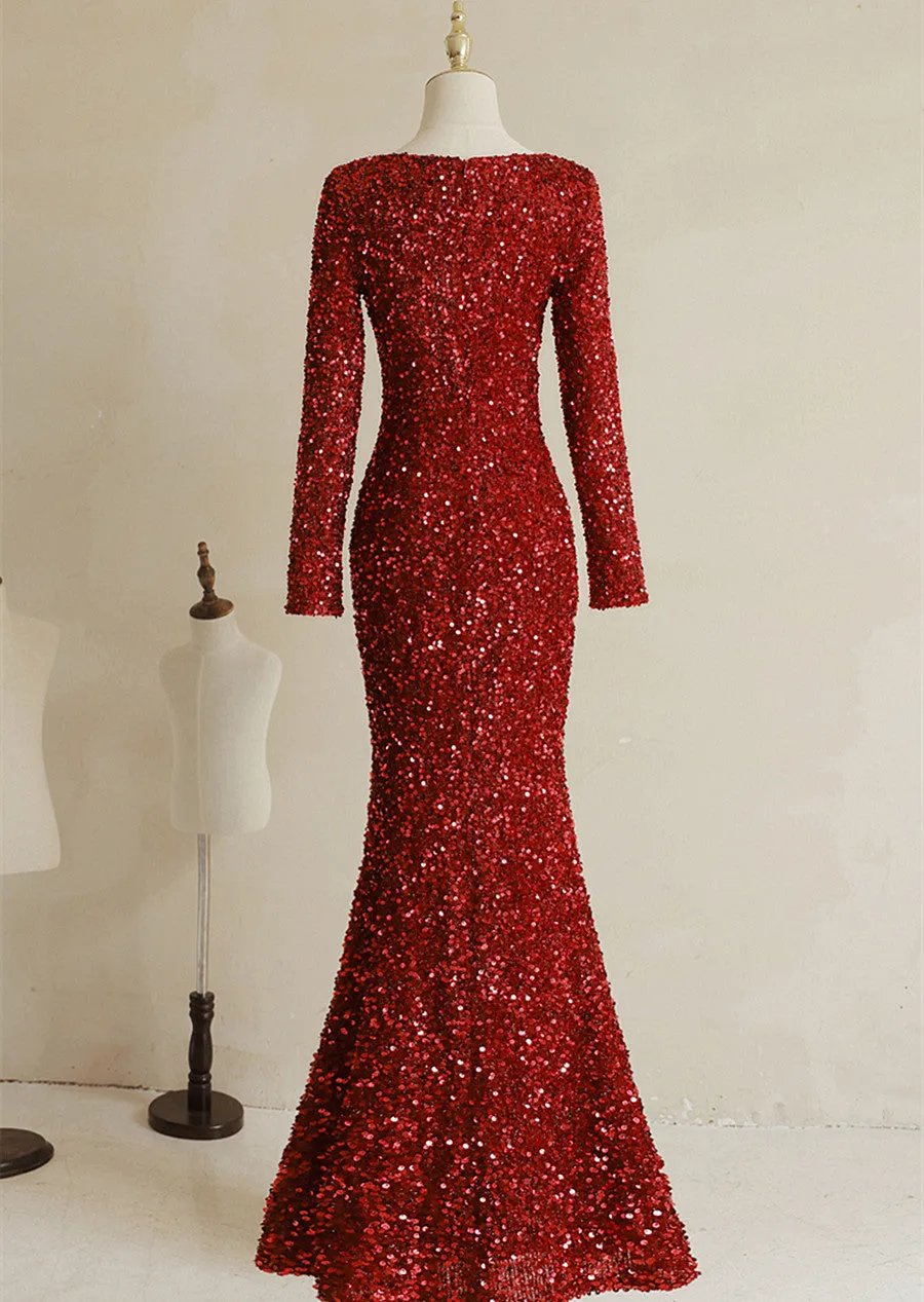 Wine Red Sequins Mermaid Long Sleeves Party Dress, Wine Red Long Wedding Party Dress