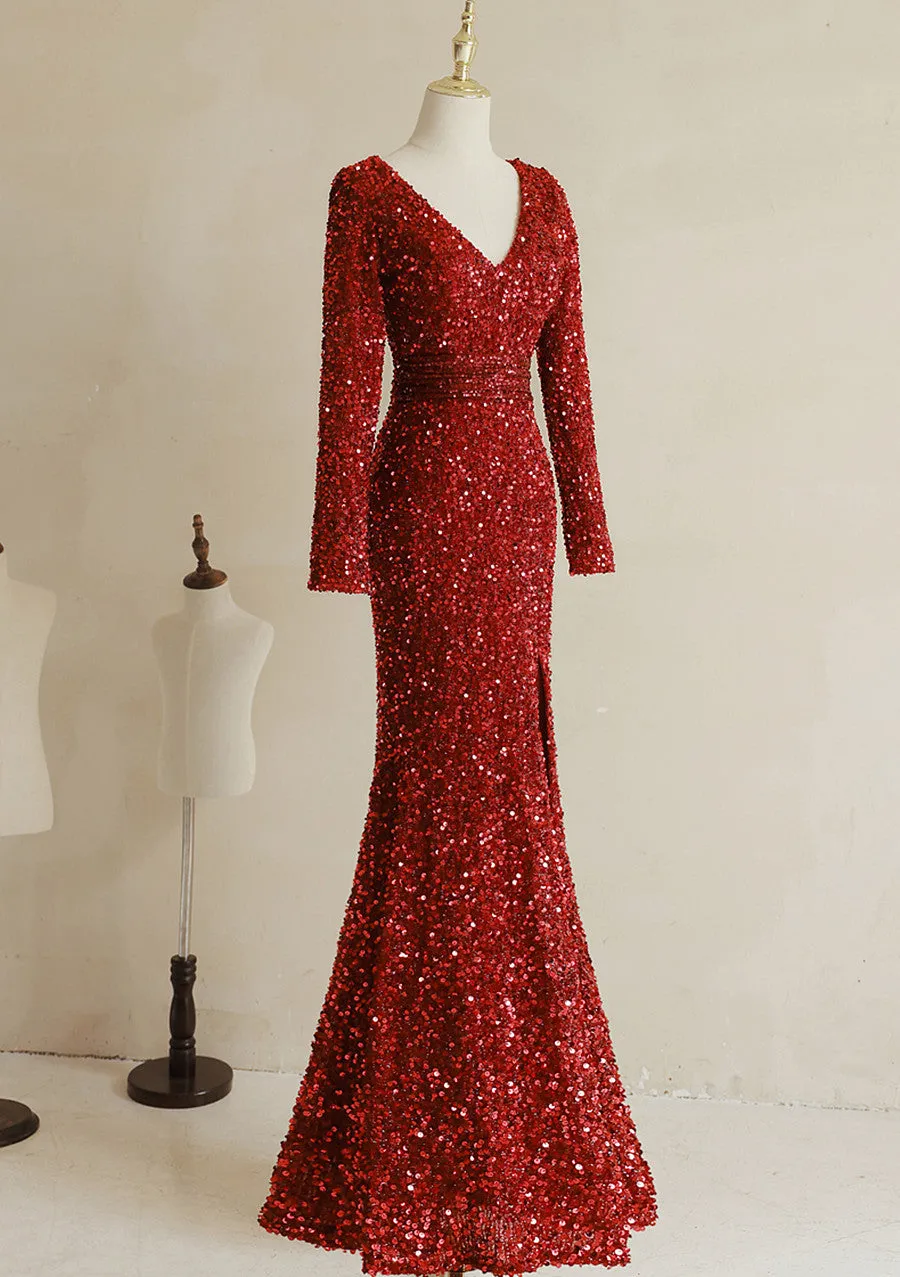 Wine Red Sequins Mermaid Long Sleeves Party Dress, Wine Red Long Wedding Party Dress