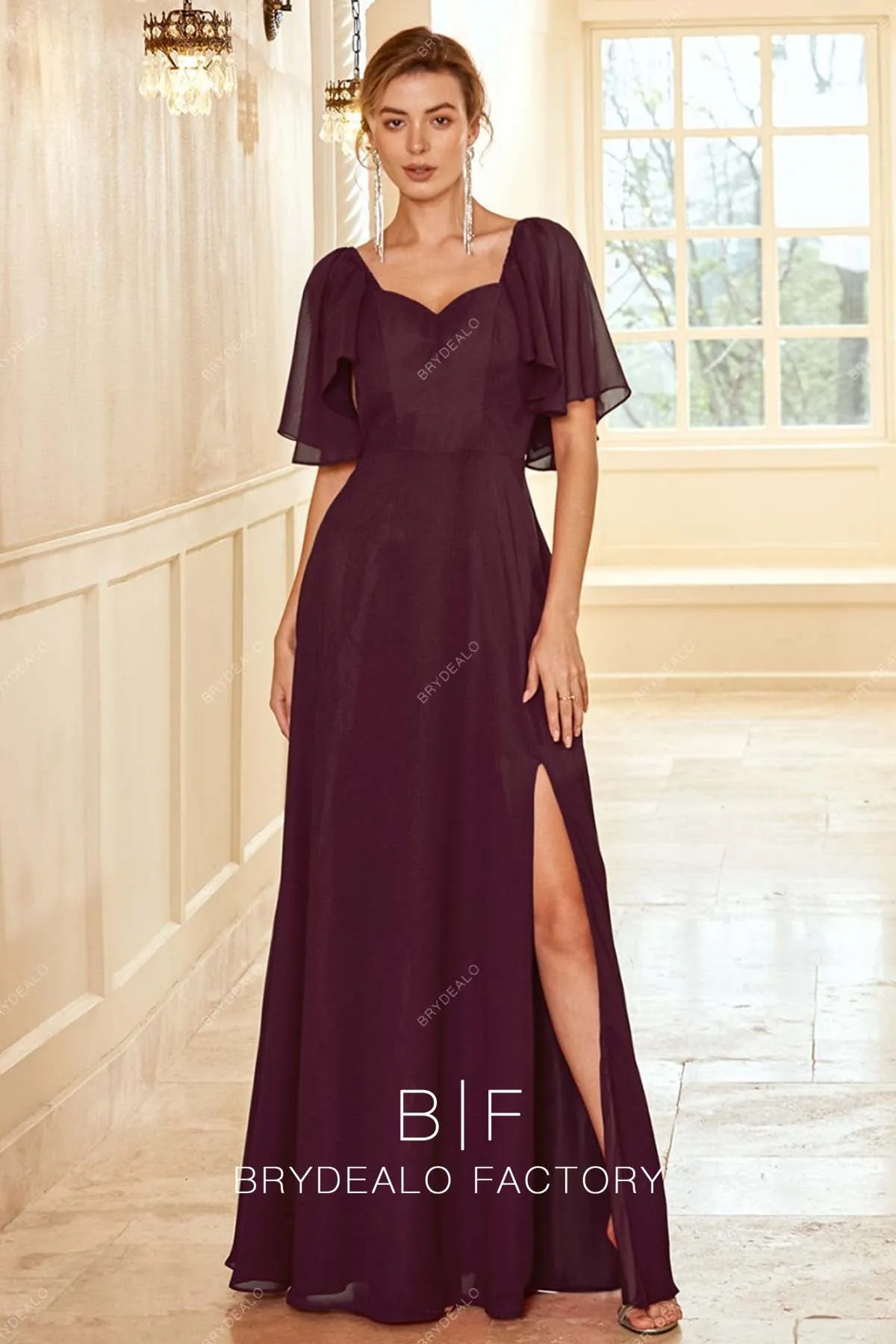 Wine Sweetheart Neck Chiffon Slit Floor Length Formal Dress