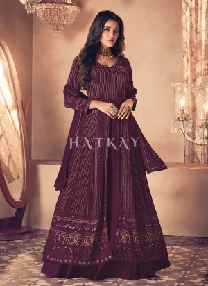 Wine Traditional Sequence Embroidered Wedding Anarkali Lehenga