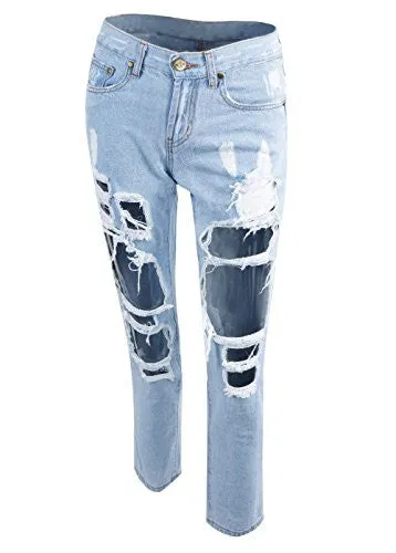 Wink Gal Women Destroyed Boyfriend Jeans Ripped Washed Denim Trousers Color Blue Size XL