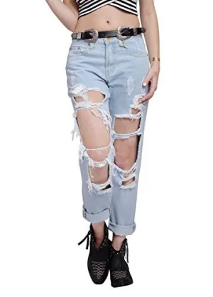 Wink Gal Women Destroyed Boyfriend Jeans Ripped Washed Denim Trousers Color Blue Size XL