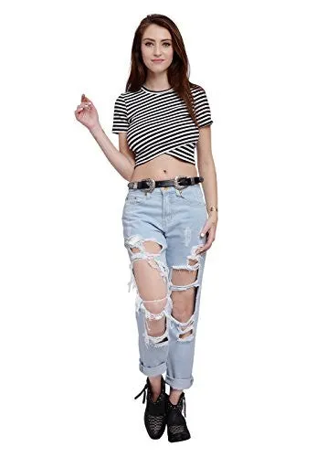 Wink Gal Women Destroyed Boyfriend Jeans Ripped Washed Denim Trousers Color Blue Size XL