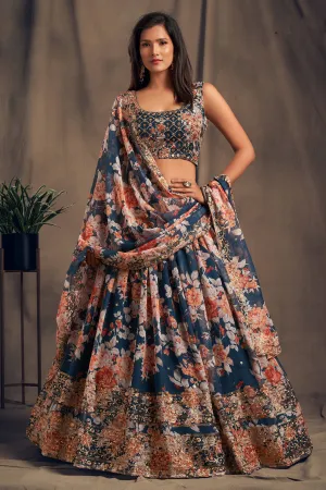 Winning Dove Blue Zari Embroidery Organza Occasional Wear Lehenga Choli