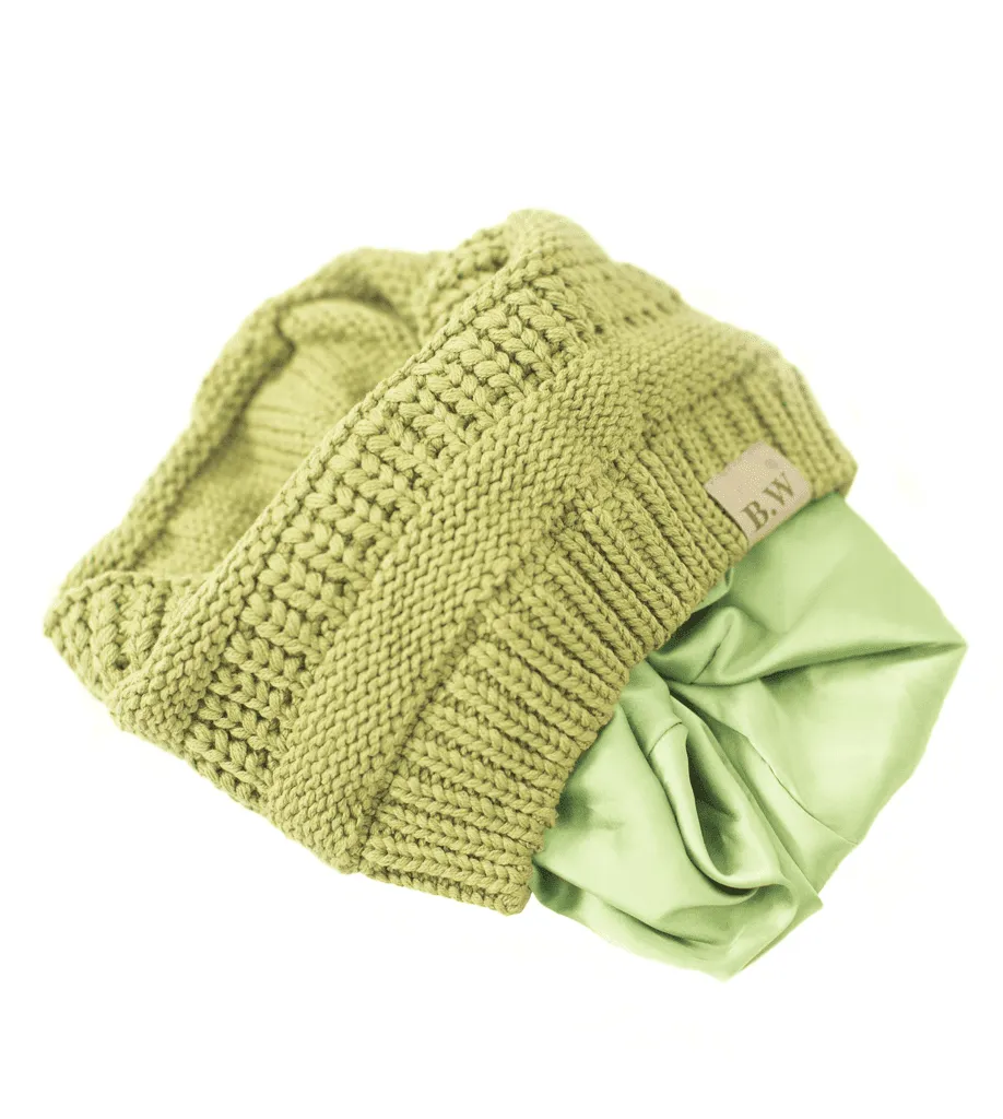 Winter Hat | Satin Lined | Detachable Pom Pom | Olive