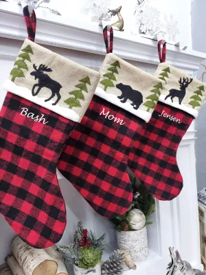 Winter Woodlands Buffalo Plaid Christmas Stocking | Faux Burlap Cuff Deer Bear Moose Great Outdoors Farmhouse Rustic Style Personalized Name