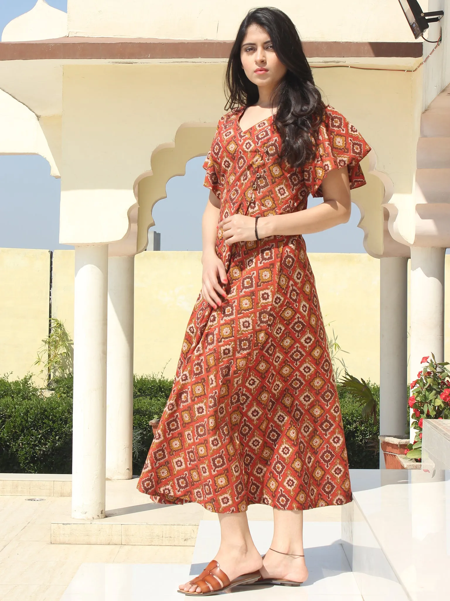 Wirda - Rust Brown Hand Block Printed Cotton Angrakha Dress With Ruffle Sleeves - D273F2149