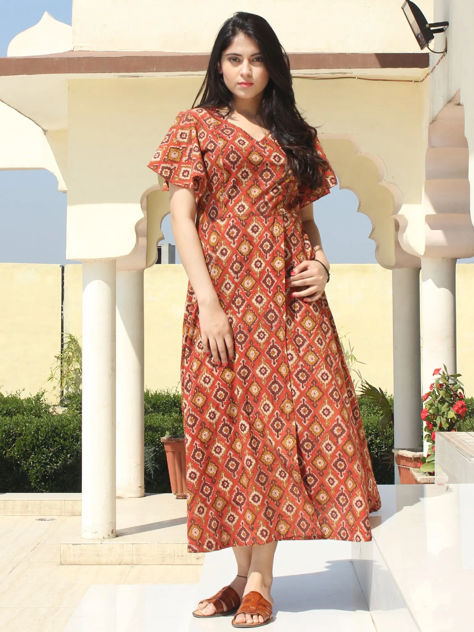 Wirda - Rust Brown Hand Block Printed Cotton Angrakha Dress With Ruffle Sleeves - D273F2149