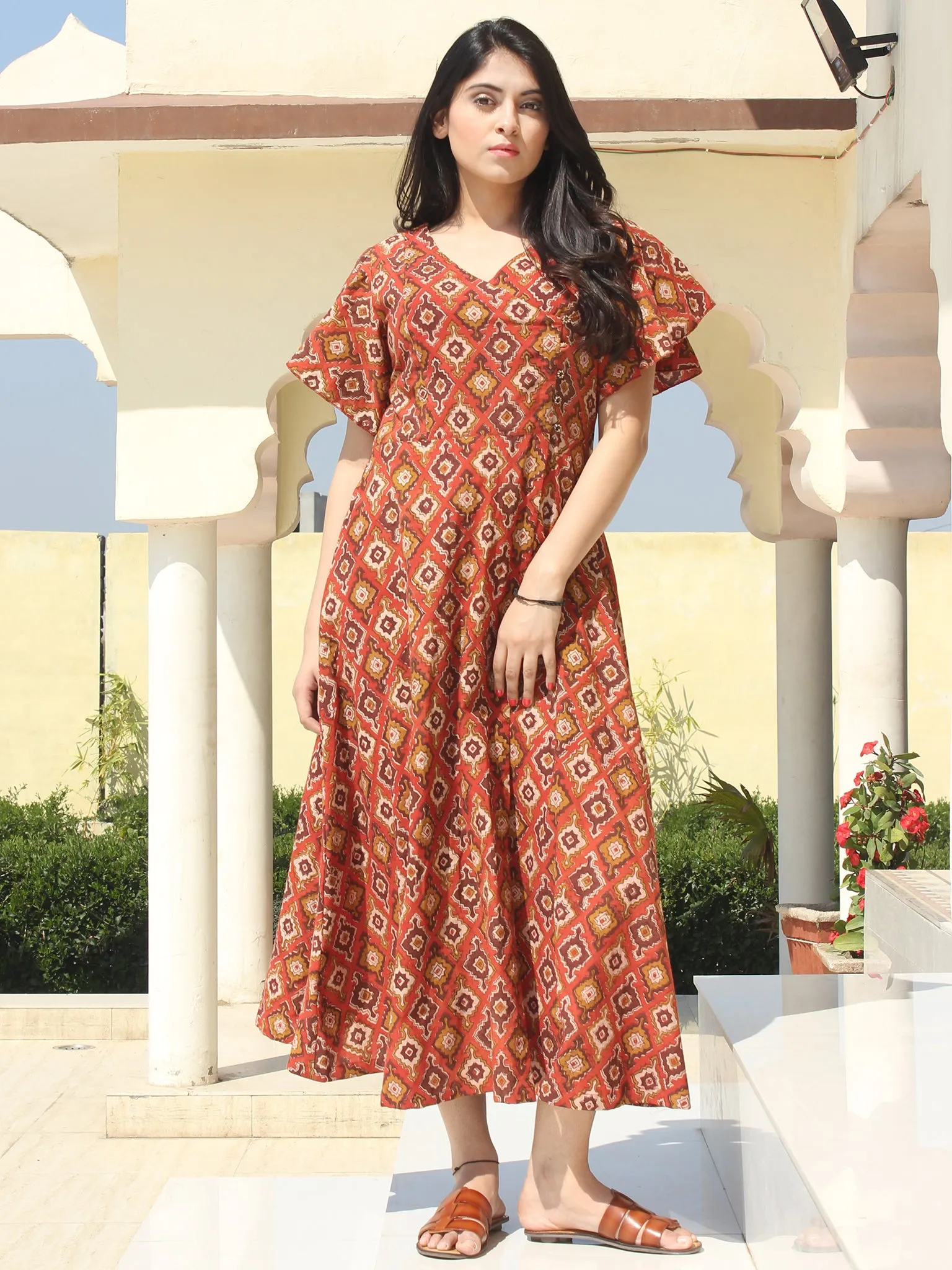 Wirda - Rust Brown Hand Block Printed Cotton Angrakha Dress With Ruffle Sleeves - D273F2149