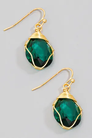 Wire Wrapped Emerald Green Earrings in Gold