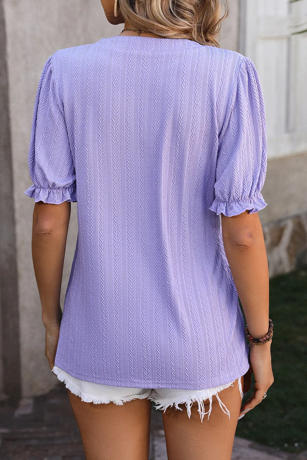 Wisteria Chic Texture Notched Neck Frill Puff Sleeve Blouse