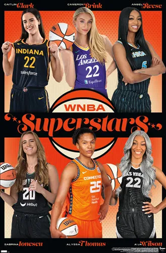 WNBA Superstars 2024 Women's Basketball Poster (Clark, Reese, Brink, Ionescu, Thomas, Wilson) - Costacos