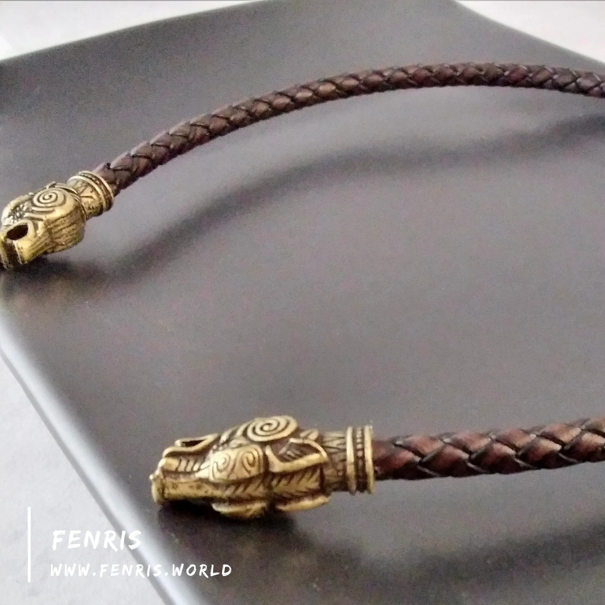 Wolf Torc Necklace Bronze Brown Leather Norse Viking Style