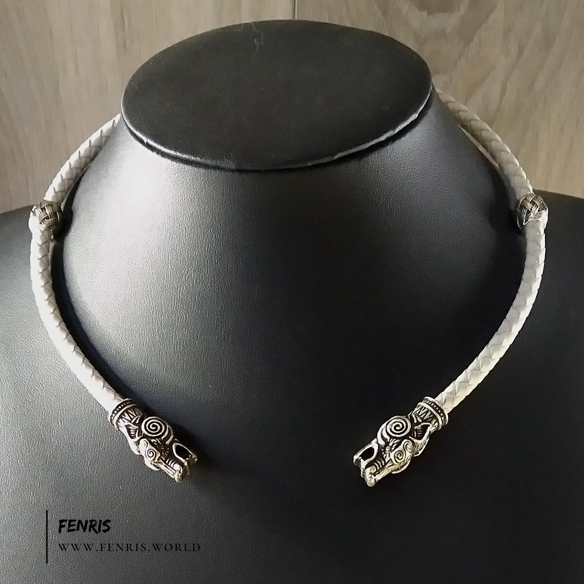 Wolf Torc Necklace White Leather Wedding Silver - Fenris