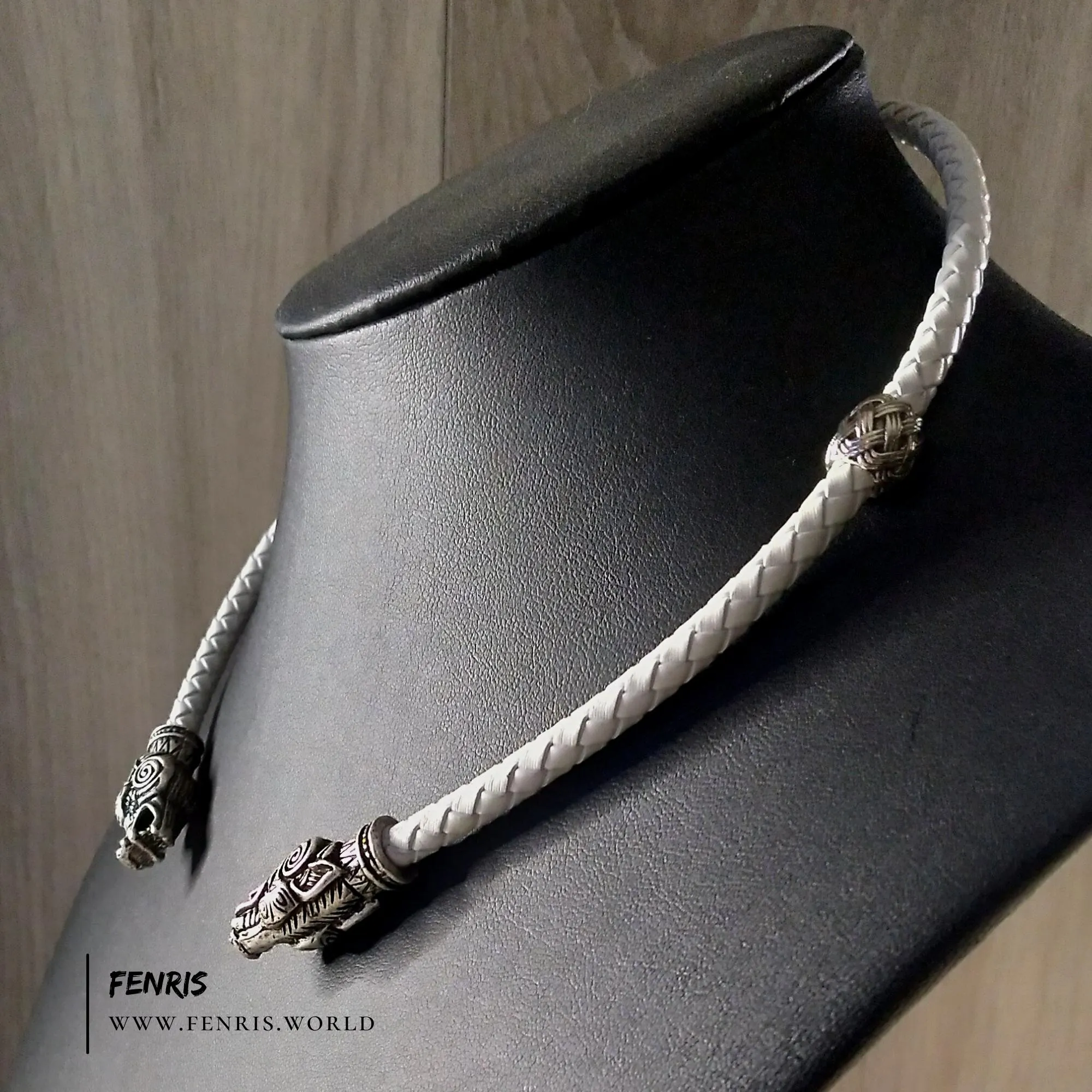 Wolf Torc Necklace White Leather Wedding Silver - Fenris