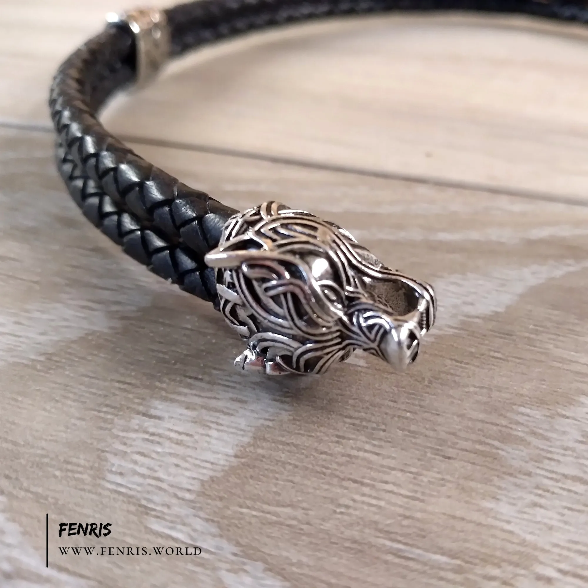 Wolf Torc Silver Black Leather Double Band | Fenris