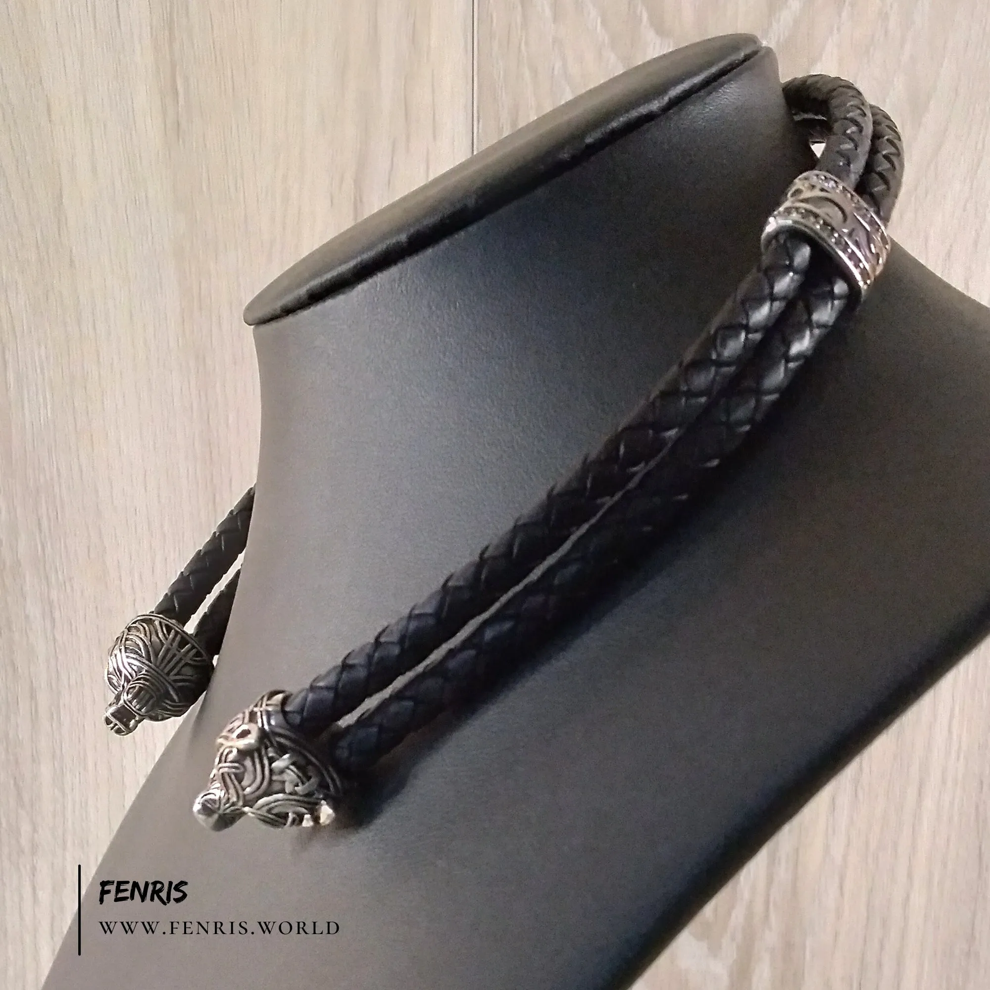 Wolf Torc Silver Black Leather Double Band | Fenris