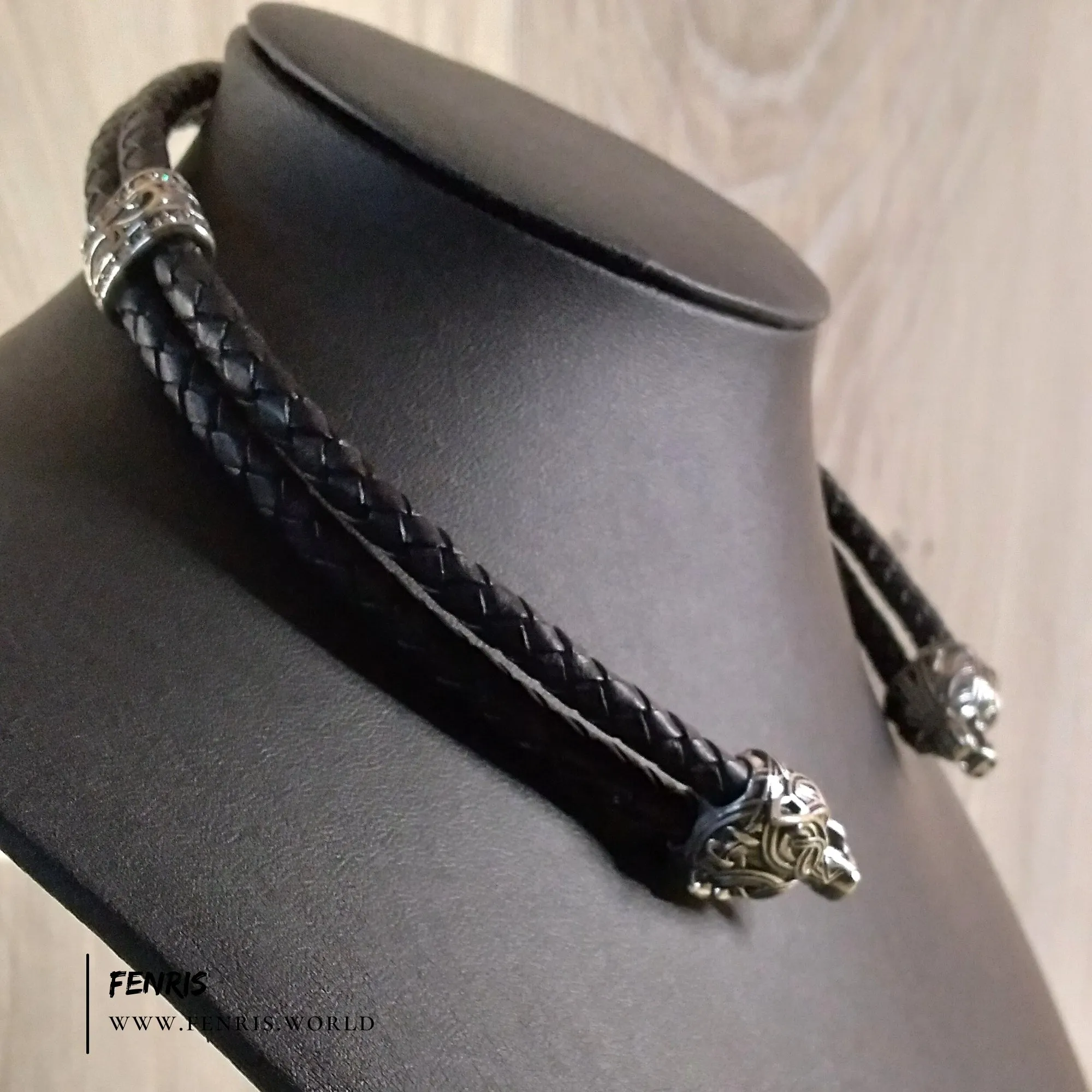 Wolf Torc Silver Black Leather Double Band | Fenris