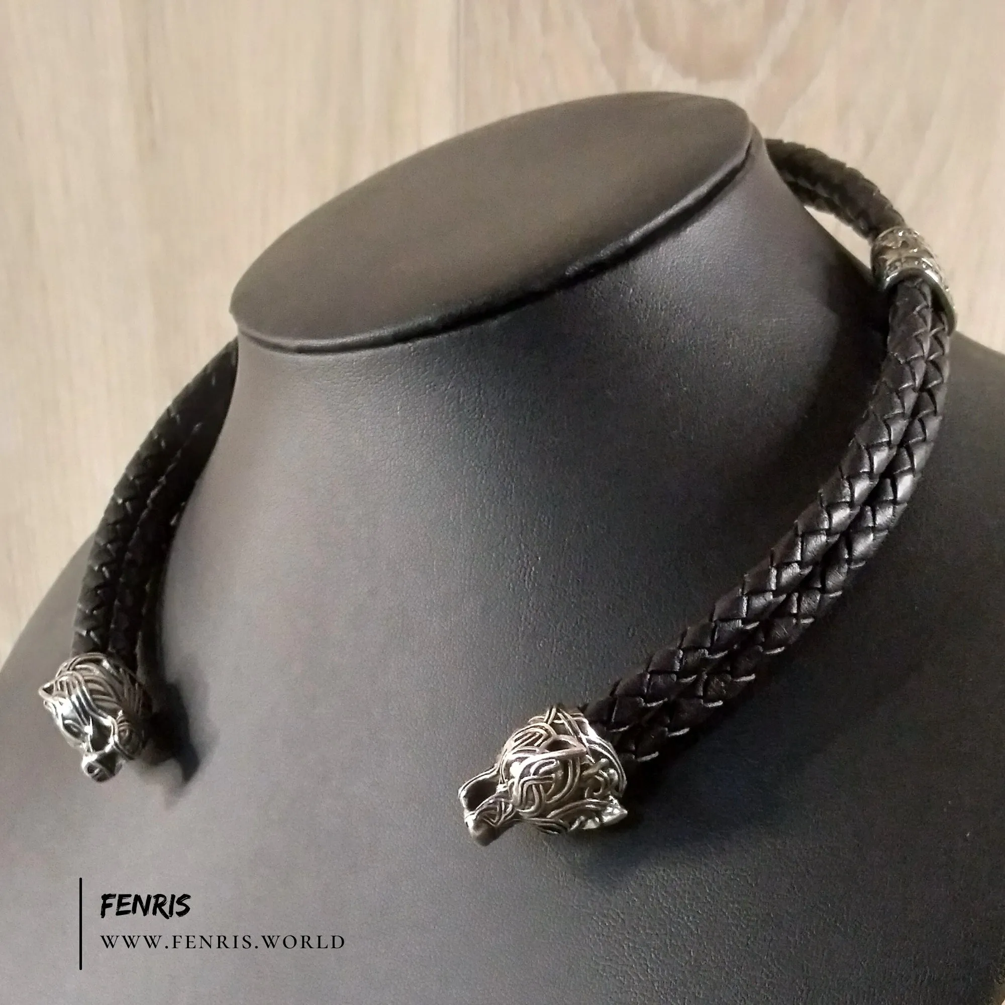 Wolf Torc Silver Black Leather Double Band | Fenris