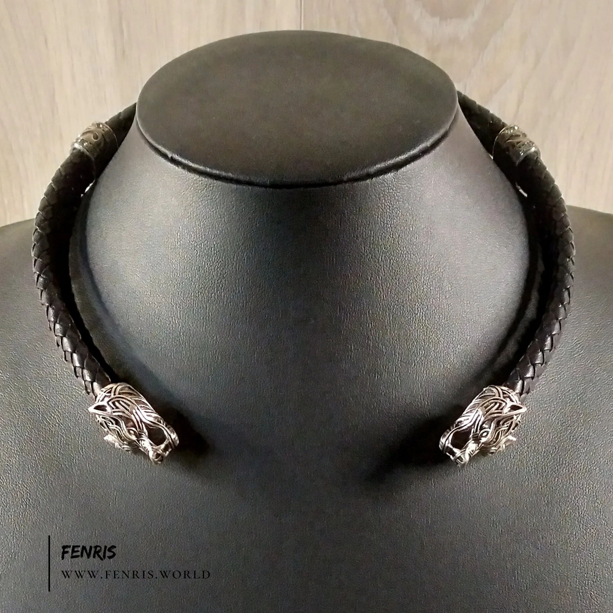 Wolf Torc Silver Black Leather Double Band | Fenris