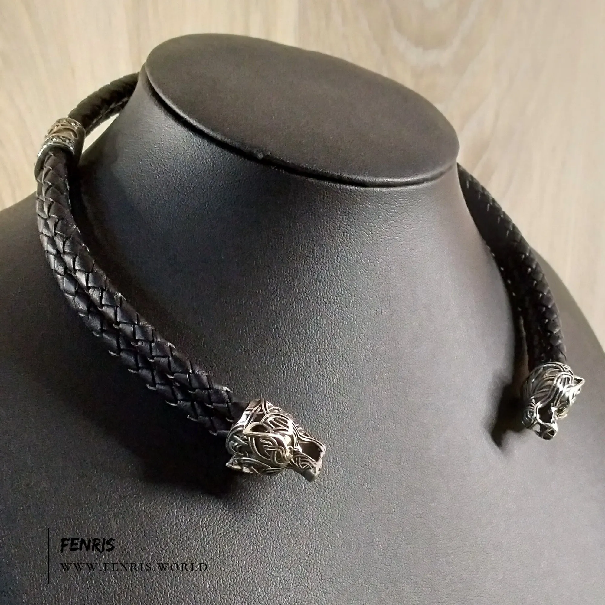 Wolf Torc Silver Black Leather Double Band | Fenris