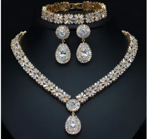 Woman Gold Plated Luxury Cubic Zirconia Necklace Earring Bracelet Set