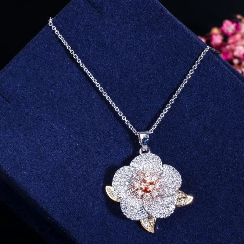 Women 3 Tone Rose Gold Micro Pave Cubic Zirconia Flower Pendant Necklace and Earrings Set