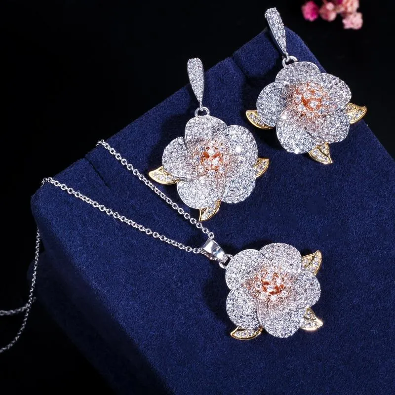 Women 3 Tone Rose Gold Micro Pave Cubic Zirconia Flower Pendant Necklace and Earrings Set