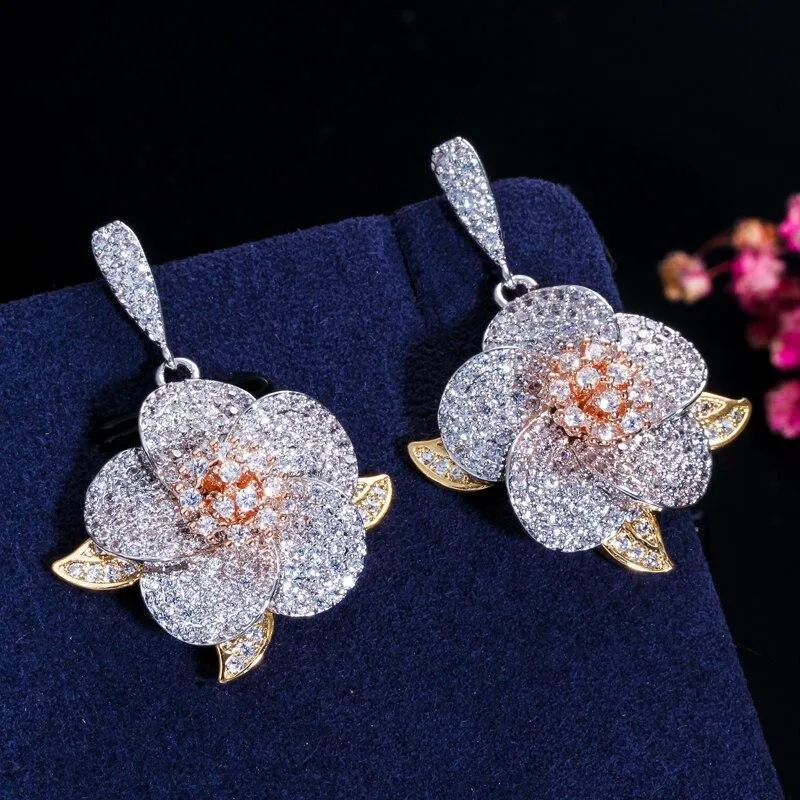 Women 3 Tone Rose Gold Micro Pave Cubic Zirconia Flower Pendant Necklace and Earrings Set