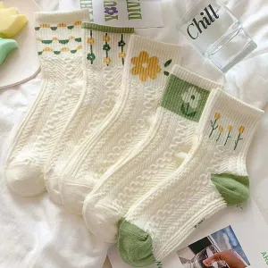 Women 5 Pairs Flowers Cotton Socks Comfort Casual Soft Fashion All Season Socks