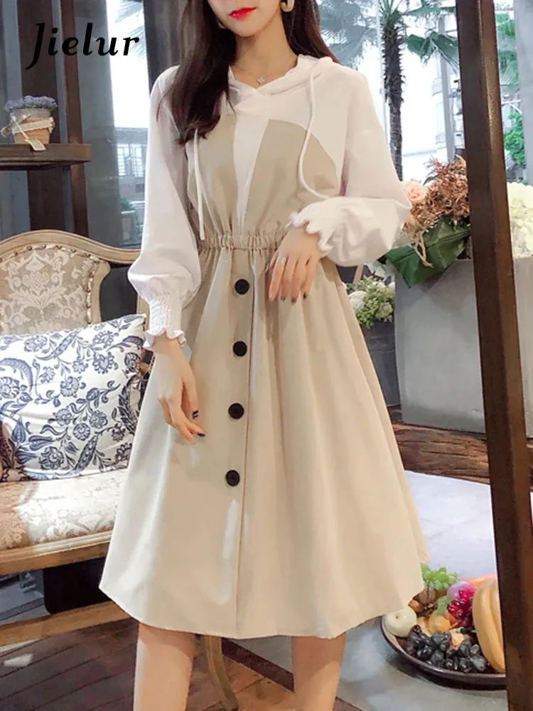 Women Autumn Patchwork Long Sleeve Midi Dress Fake Two Pieces Casual Elegant Vestido Femme Fashion Loose Apricot Dresses