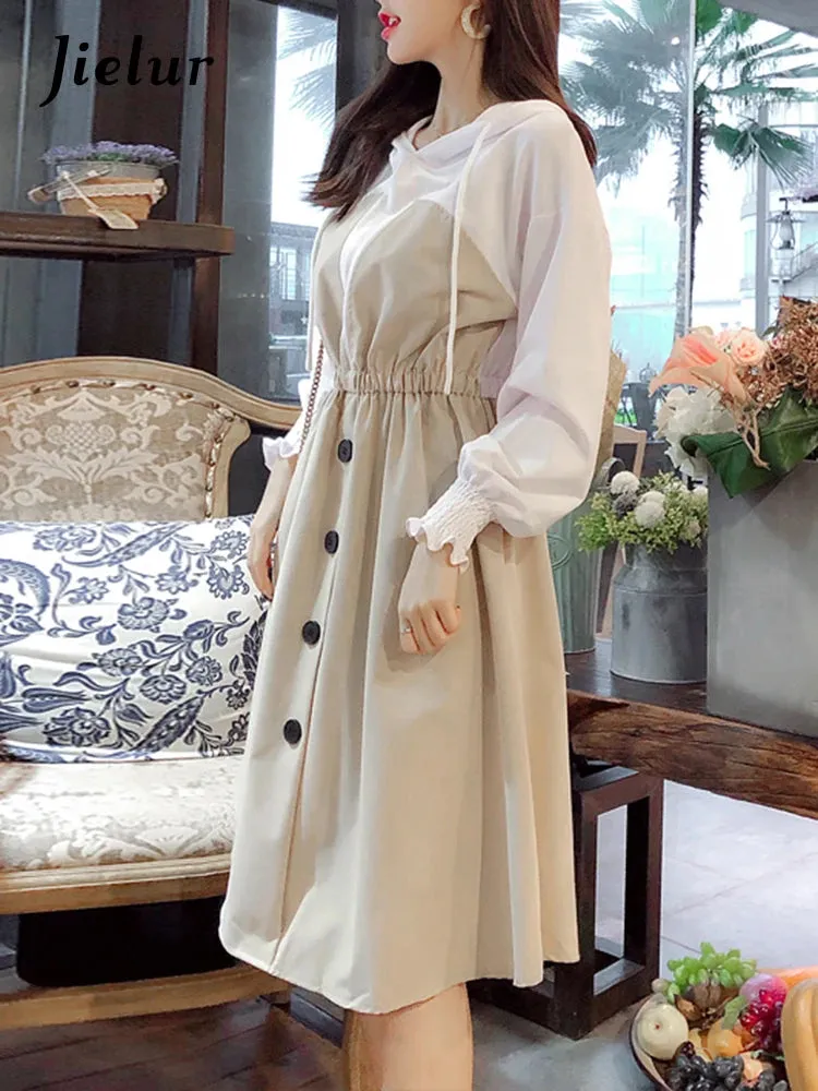 Women Autumn Patchwork Long Sleeve Midi Dress Fake Two Pieces Casual Elegant Vestido Femme Fashion Loose Apricot Dresses