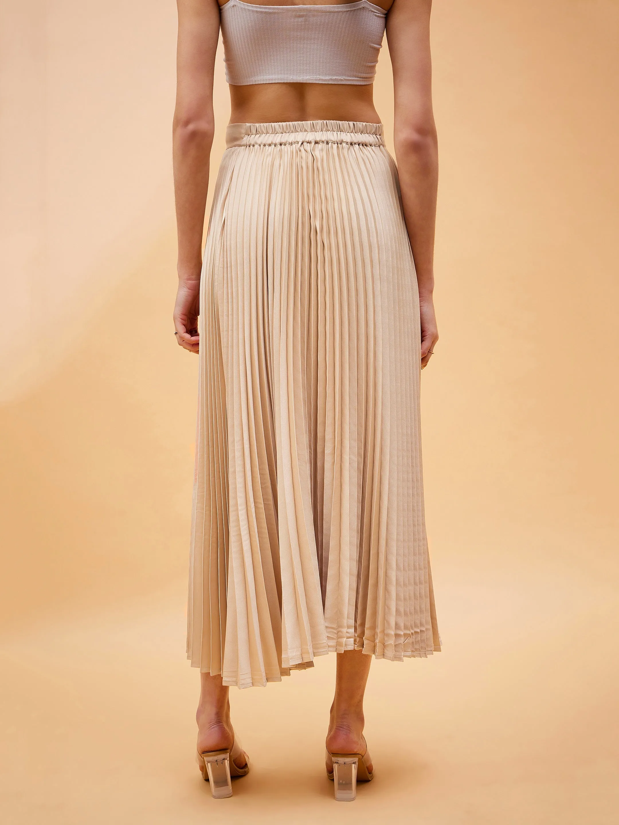 Women Beige Accordion Pleated Belted Midi Skirt