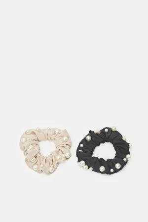 Women Beige And Black Embellished Scrunchy Set (2 Piece)