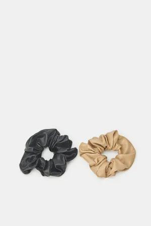 Women Beige And Black Plain Scrunchy Set (2 Piece)