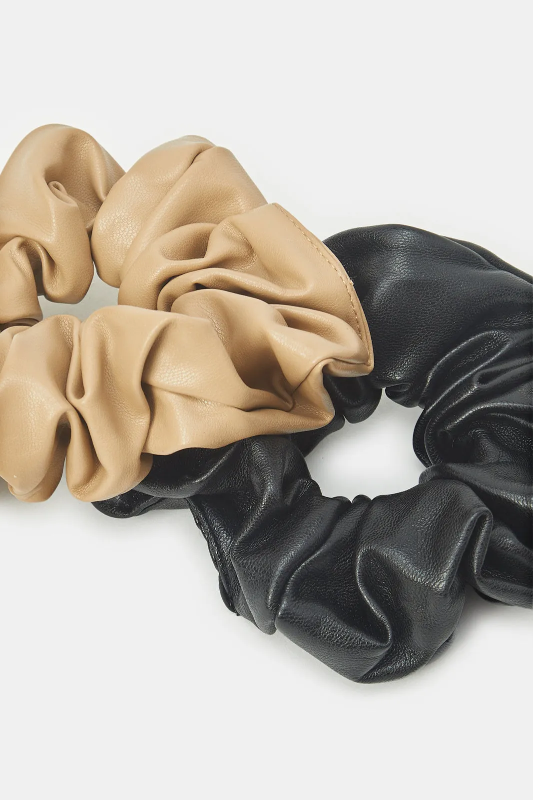 Women Beige And Black Plain Scrunchy Set (2 Piece)