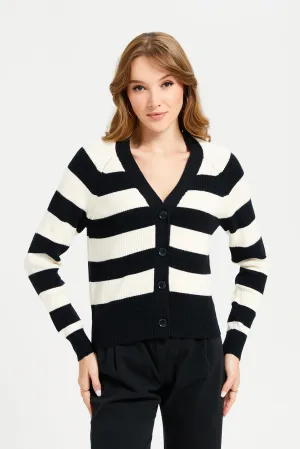 Women Beige And Black Striped Knitted Cardigan